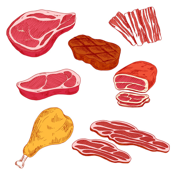 Νωπά και μαγειρεμένα προϊόντα κρέατος για σχεδιασμό μπάρμπεκιου - Διάνυσμα, εικόνα