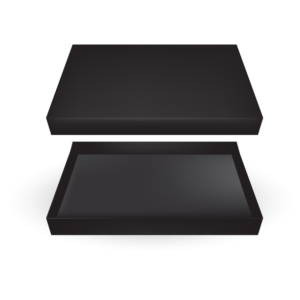 ACONDICIONAMIENTO DEL VECTOR: Vista superior de la caja de embalaje negra abierta sobre fondo blanco aislado. Plantilla simulada lista para el diseño
. - Vector, imagen