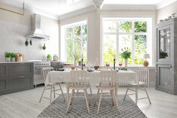 3d render of scandinavian flat - kitchen - dining room - Photo, Image
