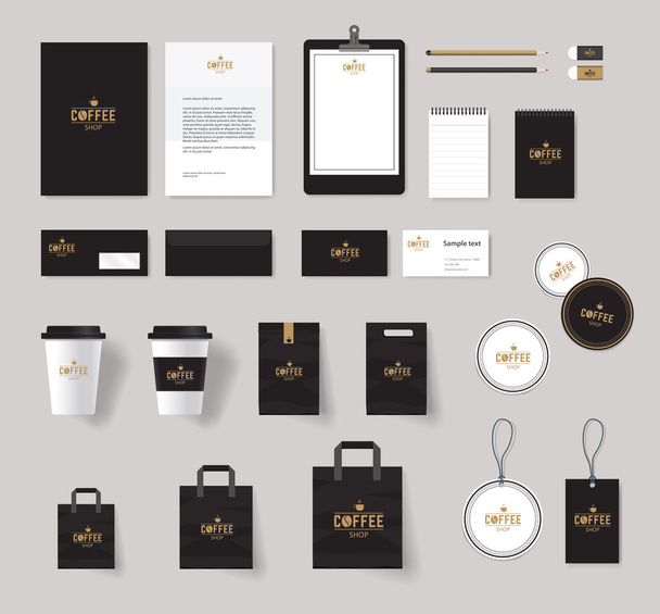 corporate branding identiteit mock up template voor koffieshop en restaurant. Card. menu. vector. Stationary. verpakking, zwart. papier - Vector, afbeelding