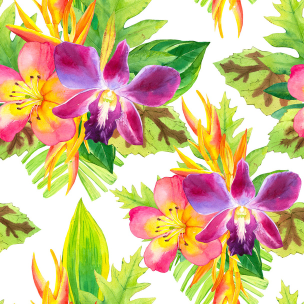 Seamless background with watercolor tropical flowers. - Foto, Imagem