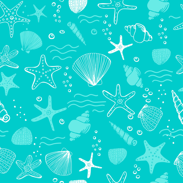 Sea shells, seastars and corals seamless background - Vector, afbeelding