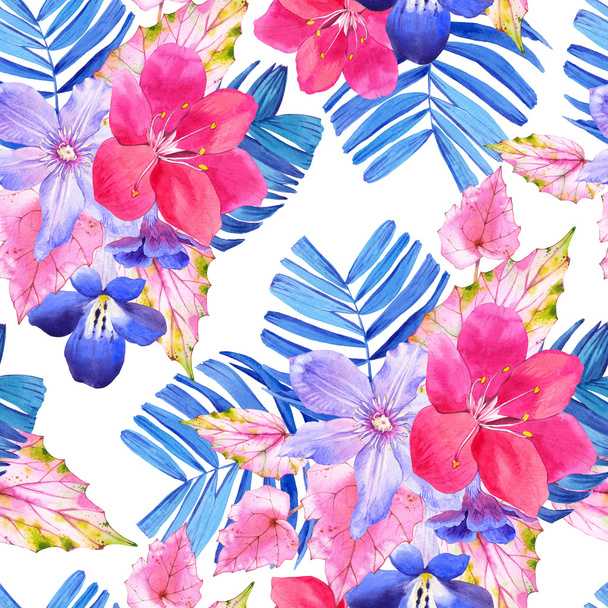 Seamless pattern with pink and blue realistic watercolor flowers. - Zdjęcie, obraz