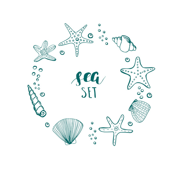 Summer Vector Circle Frame. Vector Background with Seashells, Sea Stars and Corals. - Вектор, зображення
