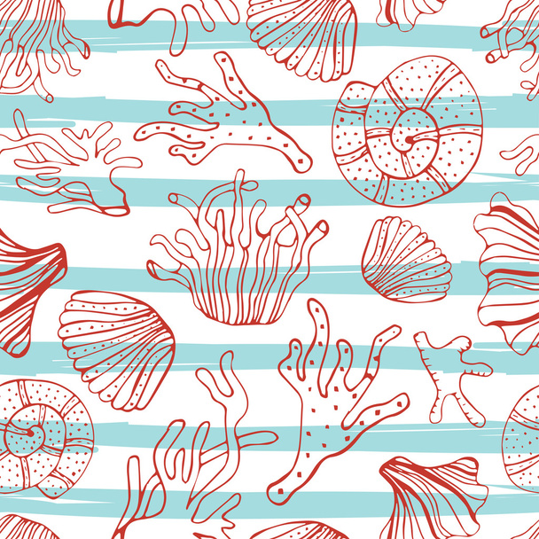 Sea shells, seastars and corals seamless background. Blue and white seamless pattern for coloring book, textile, print, wallpaper. Sea life pattern. - Vector, afbeelding