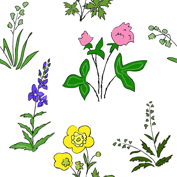 Дикие цветы и бесшовная текстура травы
 - Вектор,изображение