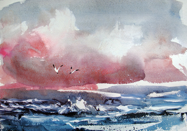 Seagulls. Watercolor painting. - Photo, Image