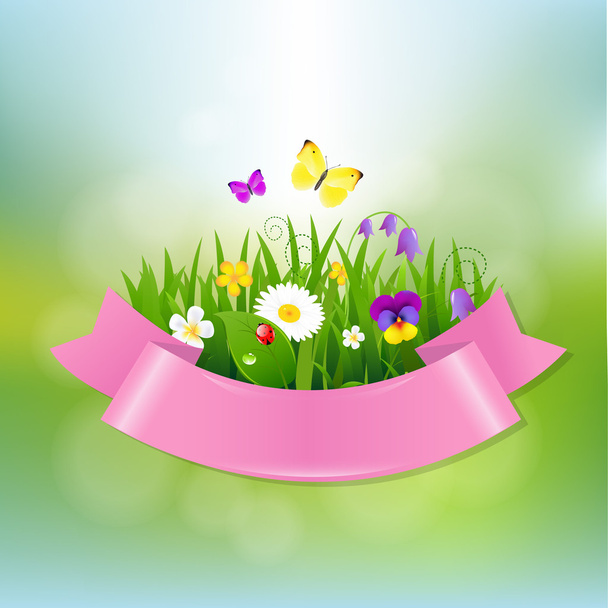 Spring Flowers With Pink Ribbon - Vector, Image