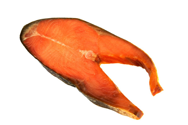 Кусочки холодного копченого розового лосося на белом фоне
 - Фото, изображение