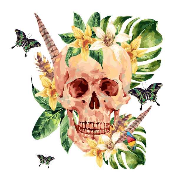 Summer watercolor vector skull, tropical leaves, flowers - Vector, Image