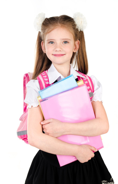 Školačka v uniformě s batohem se usmívám - Fotografie, Obrázek