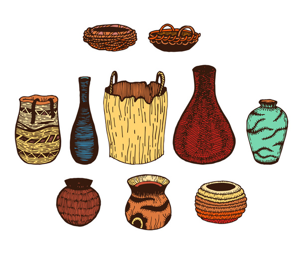 Ethnische handgezeichnete Vektorlinie farbiges Set aus Wattled-Kochgeschirr. Tinte - Vektor, Bild