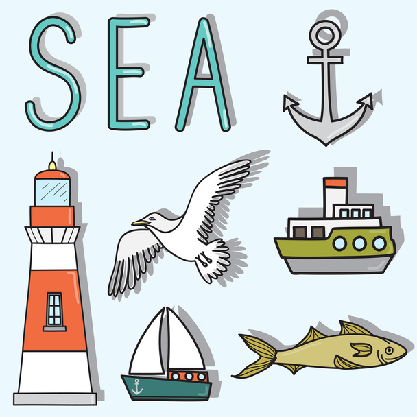 set with gulls, lighthouse and boats - Vector, imagen