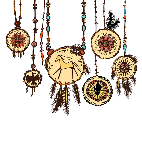 Conjunto de colgantes de joyería tribal de colores. Aislado. El concepto para el diseño. Ilustración vectorial
 - Vector, Imagen
