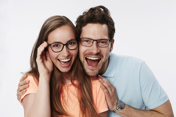 Couple in eyeglasses smiling - Fotoğraf, Görsel