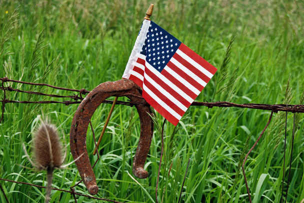 Horseshoe and flag on barb wire - 写真・画像