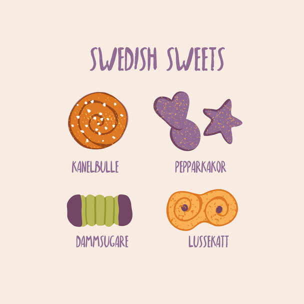süße schwedische Backwaren - Zimtbrötchen, Lebkuchen und andere - Vektor, Bild