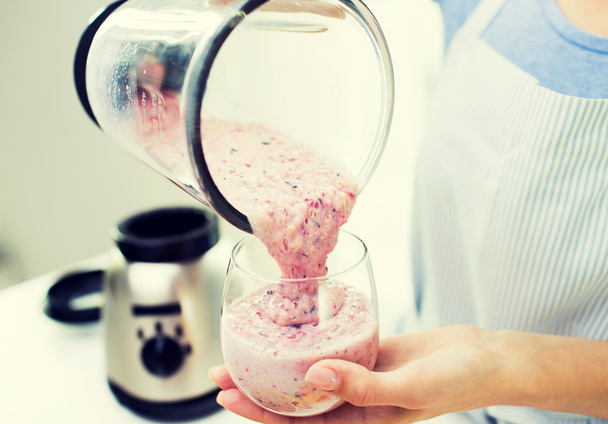 close up of woman with blender and shake at home - Foto, Imagem