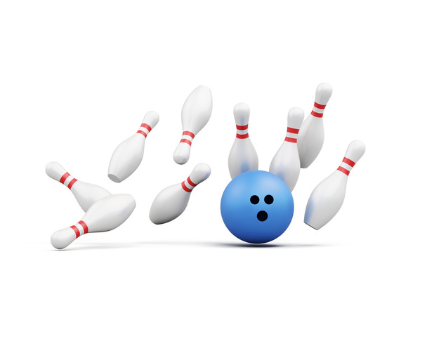Bowling bal slaat in de pinnen op witte achtergrond. 3D-rende - Foto, afbeelding