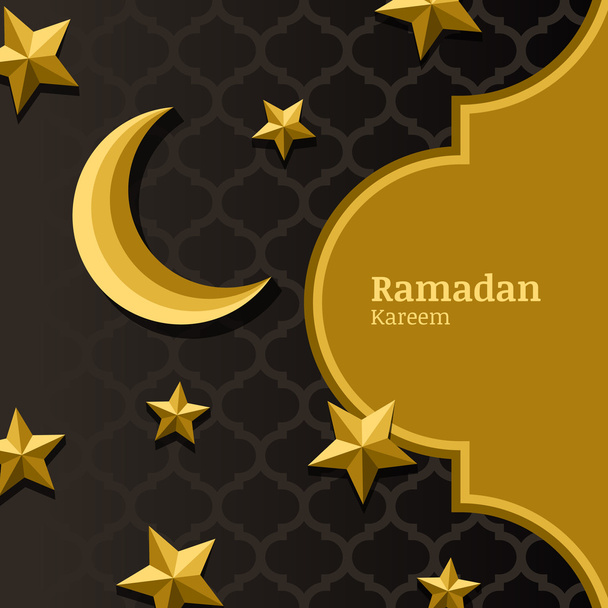 Vector arabic pattern, 3d stylized golden moon, stars and gold frame. Arabesque ornaments for ramadan holiday decoration. - Vektör, Görsel