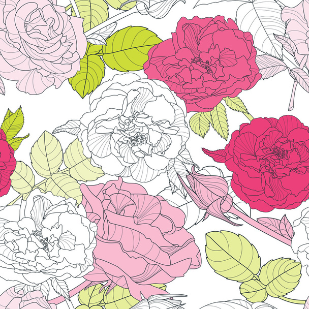 Vector seamless vintage pattern with hand drawn roses flowers. Floral background with pink roses and green leaves. Design for fabric, textile print, wrapping paper. Pastel colors roses background. - Vector, afbeelding