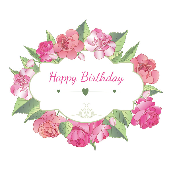 Happy birthday card with beautiful balsam flowers - Vector, Image