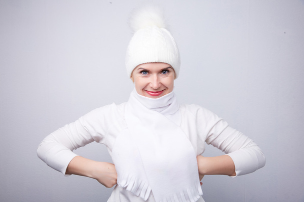 Blonde in white hat joyful - Фото, изображение