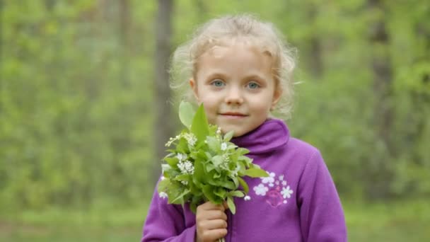 Malá holčička vonící květ sedmikráska v louce - Záběry, video