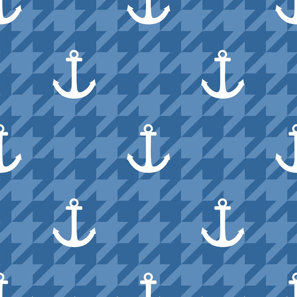 Tile sailor vector pattern with white anchor on navy blue houndstooth background - Vector, Image