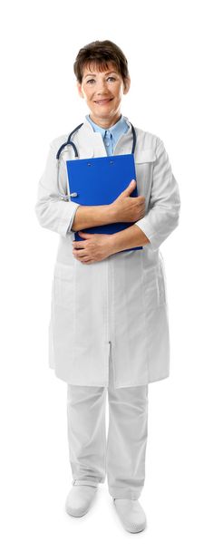 Professional doctor with clipboard, isolated on white - Фото, изображение