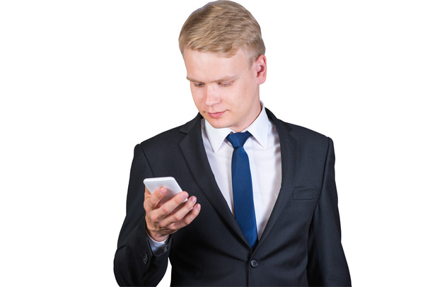 Успішний бізнесмен за допомогою мобільного смартфона крупним планом ізольований
 - Фото, зображення