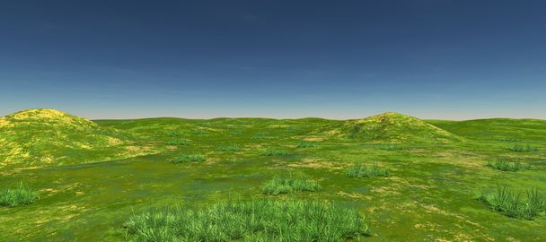 Groene velden met twee heuvels en groen. Overdag. Zomer - Foto, afbeelding
