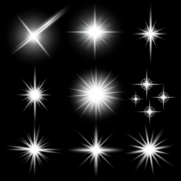 Concepto creativo Conjunto vectorial de estrellas con efecto de luz brillante estalla con destellos aislados sobre fondo negro. Para el diseño de arte de la plantilla de ilustración, banner para celebrar la Navidad, rayo mágico de energía flash. - Vector, imagen