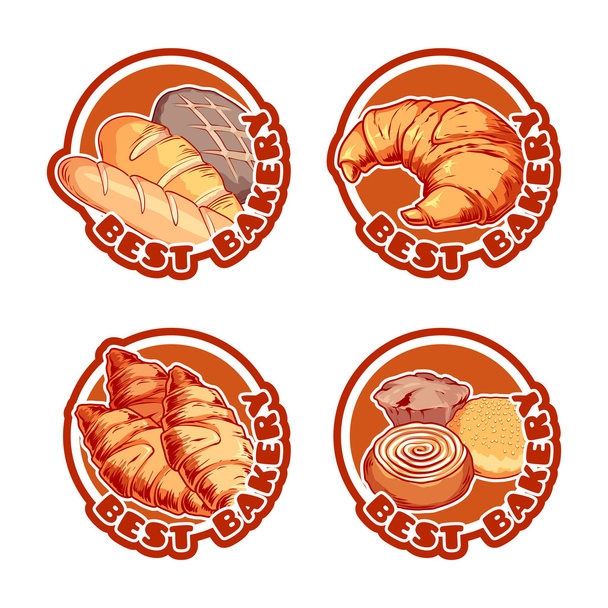 Four stickers with different bakery products. - Vektor, Bild