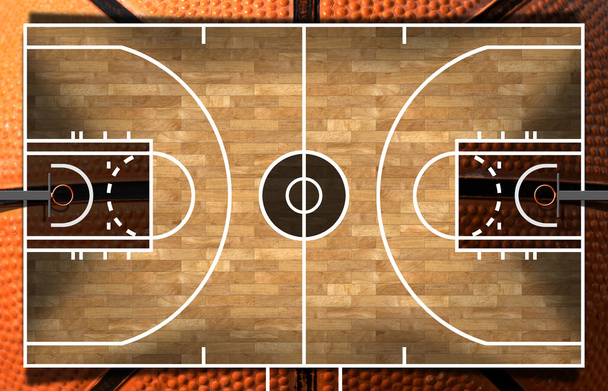 寄木細工の床と木製のバスケット ボール コート - 写真・画像