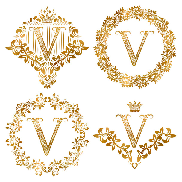 Golden V letter vintage monograms set - Vector, Image