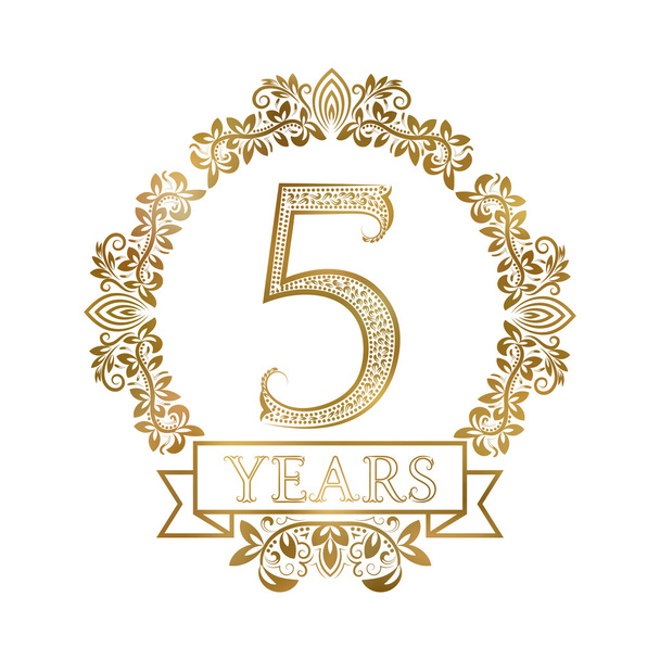 Five years anniversary celebration golden vintage logotype. - Vector, Image