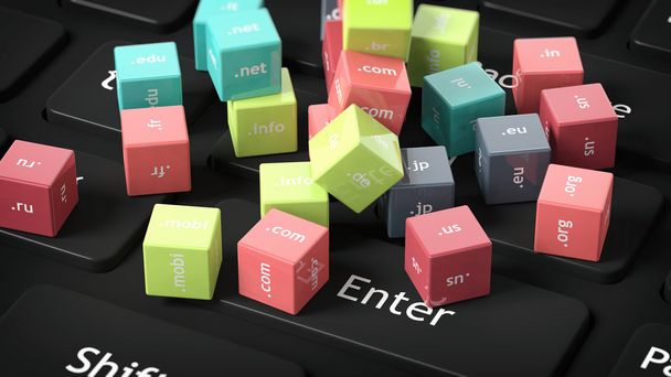 3D rendering of cubes with domain names on black computer keyboard - Photo, Image