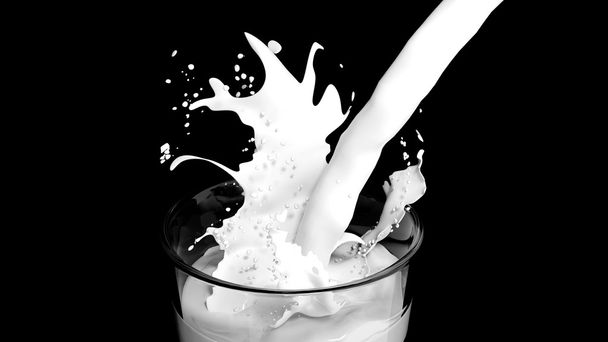 3D-rendering van het gieten van melk spetteren in het glas close-up, op zwart - Foto, afbeelding