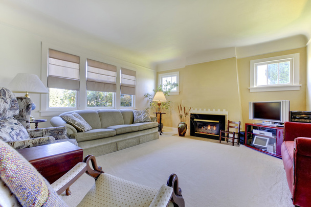 Gezellige woonkamer met tapijt vloer, gele wanden en open haard - Foto, afbeelding