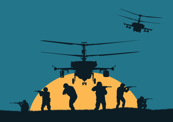 Illustration, the soldiers going to attack and helicopters. - Vector, Image