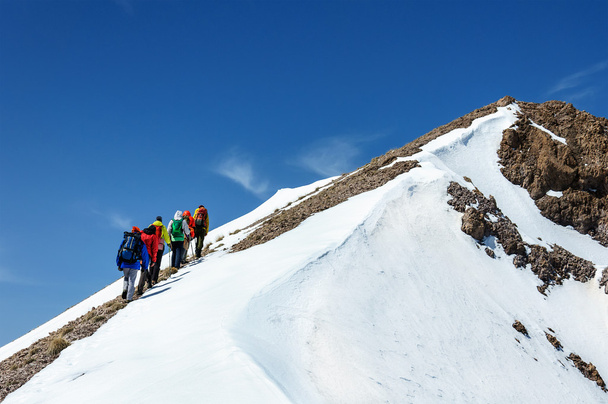 Grup dağcı Erciyes Volkanı tepesinden aşağı gider. - Fotoğraf, Görsel