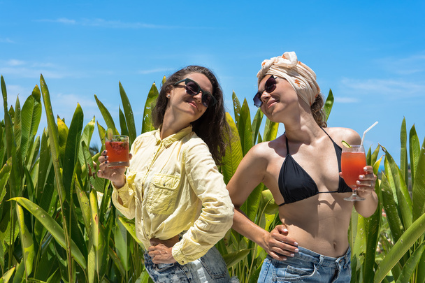 beautiful girls with cocktails, a sunny day, girls have a rest in tropics, dance, drink cocktails against a trova and the sky - 写真・画像