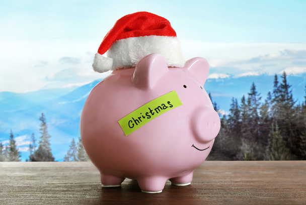 Piggy bank with Santa hat - Foto, Bild