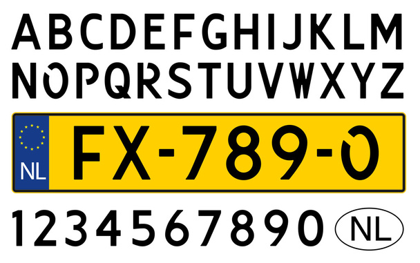 αυτοκίνητο πλάκα Ολλανδία, αριθμούς, γράμματα και σύμβολα - Διάνυσμα, εικόνα
