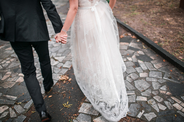 Heureux mariés sur un parc. route en pierre. automne
 - Photo, image