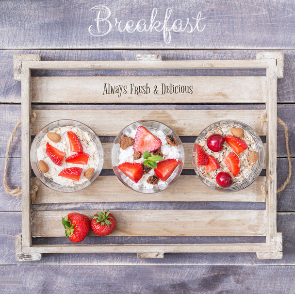 Cereal with Strawberry and Cherry on Wooden Tray.  - Foto, Imagem