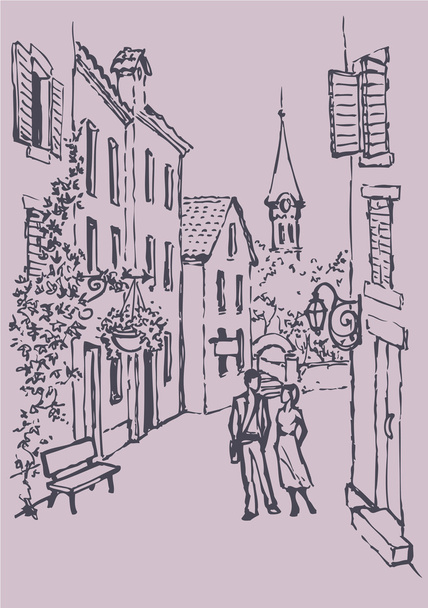 ベクター都市の景観。古い通りを歩いてのカップル - ベクター画像