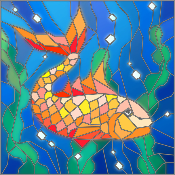 Illustration im Glasmalereistil mit Goldfischen auf dem Hintergrund von Wasser und Algen - Vektor, Bild