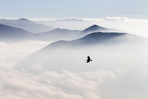Silhuetas de montanhas na névoa
 - Foto, Imagem
